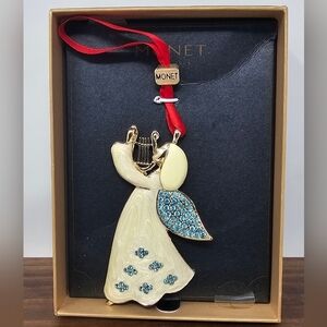 Monet Angel Harp Pendant Christmas Ornament White Enamel Blue Rhinestone New IOB
